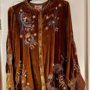 Johnny Was velvet embroidered button-down gold top